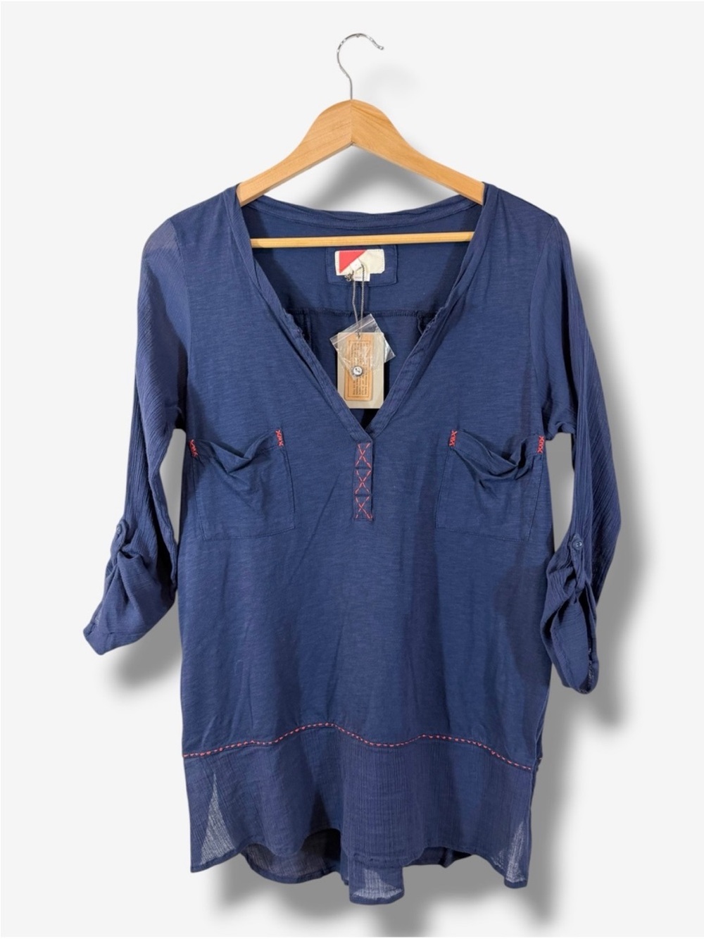 Anthropologie Navy Blue Tunic Top Size S Red Trim Button Back Gauze Cotton